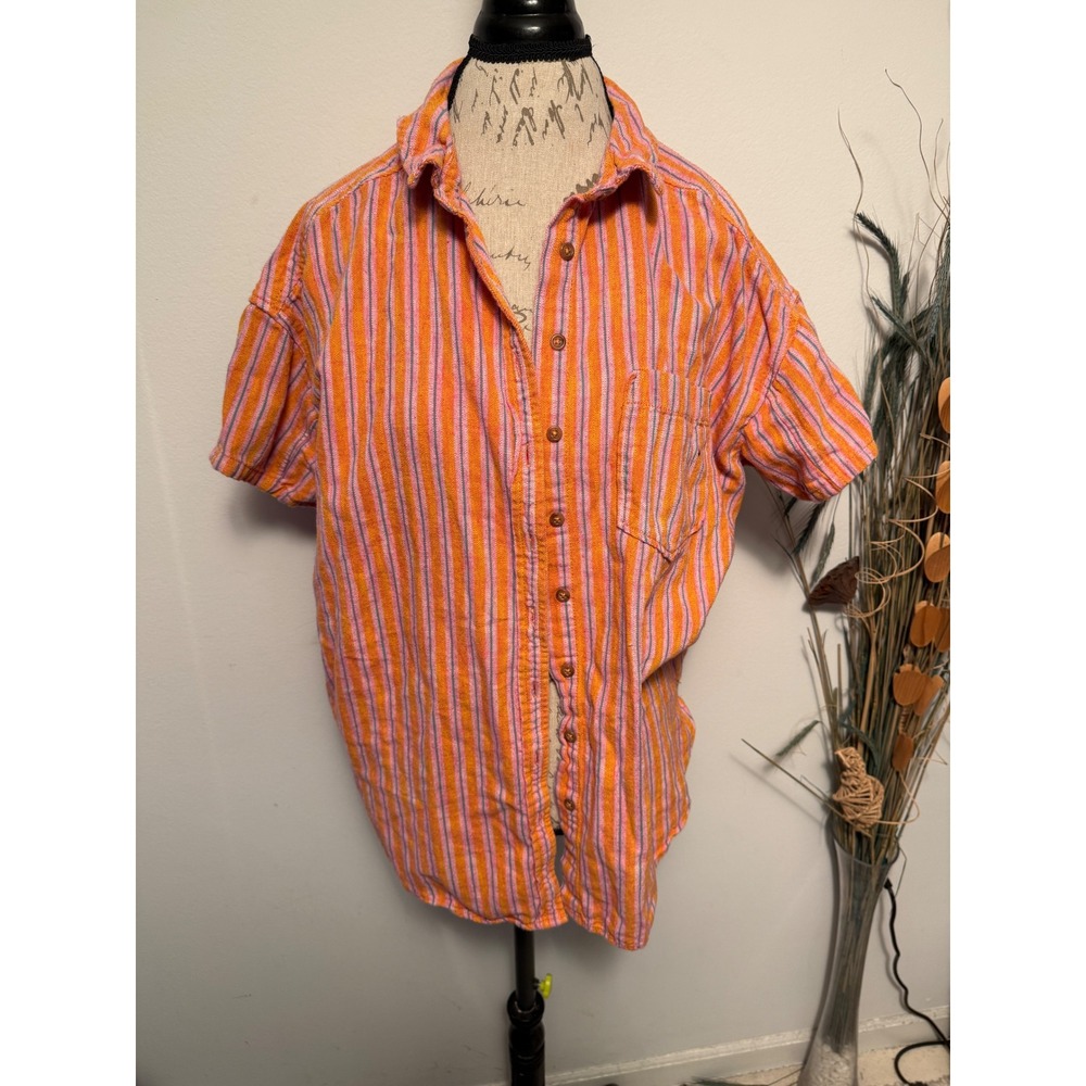 Pilcro Orange Pink Stripe Button Down Shirt Women's Size M Casual Short Sleeve